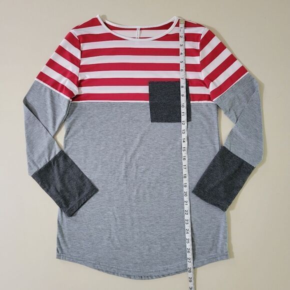 Lucky Red White Stripe Colorblock Long Sleeve Blouse Top - Picture 7 of 13